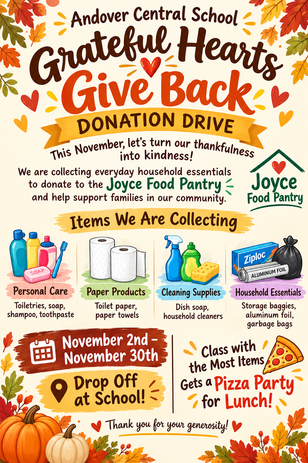 A colorful flyer for the Andover Central School donation drive titled 'Grateful Hearts Give Back' held in November.